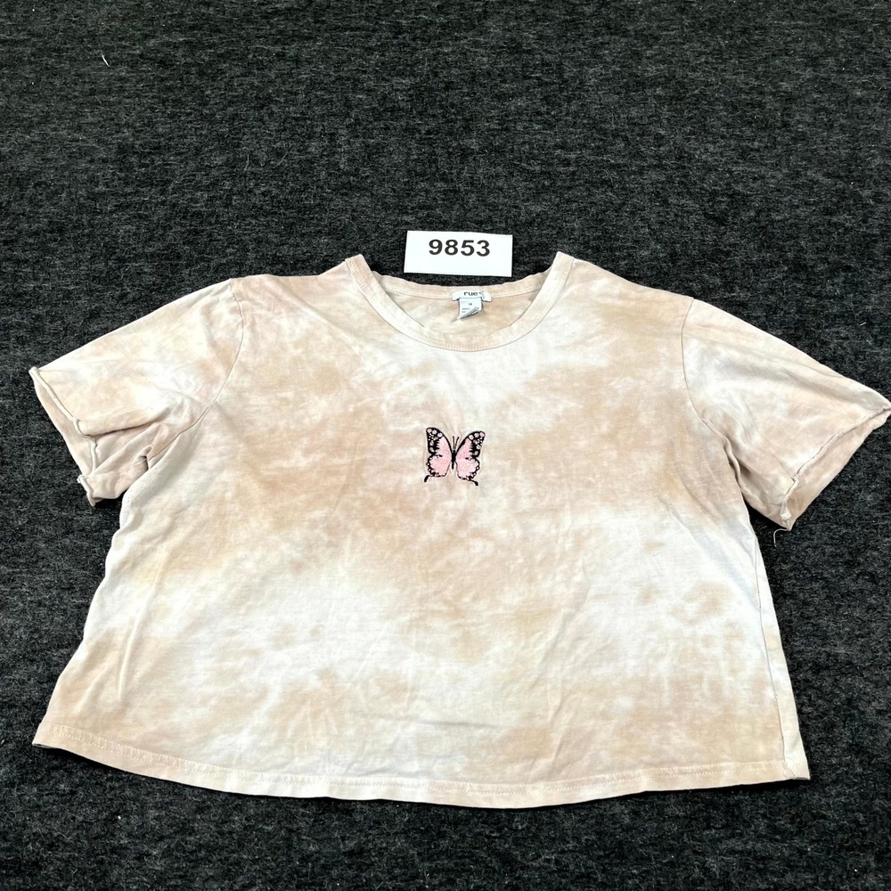 Rue+ Cropped T Shirt Womens 1X Beige Tan Tie Dye Butterfly Graphic Crew Neck